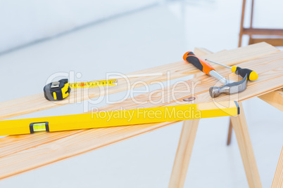 Construction tools on workbench