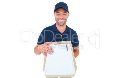 Happy delivery man with package and clipboard
