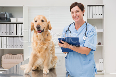 Vet examining a dog and writing on clipboard