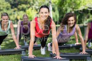 Fitness group using steps in park