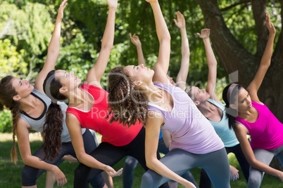 Fitness group doing yoga in park