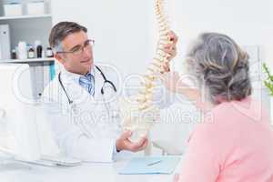 Doctor showing anatomical spine while patient touching it