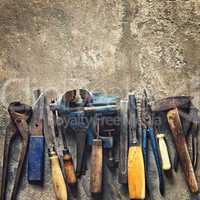 set of old dirty tools in vintage style