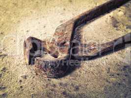 old iron pincers on concrete closeup