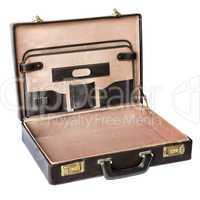 Old open suitcase leatherette Isolated on white background