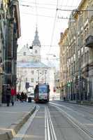 Tram in the Old Town in Lviv, Ukraine.