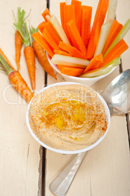 fresh hummus dip with raw carrot and celery