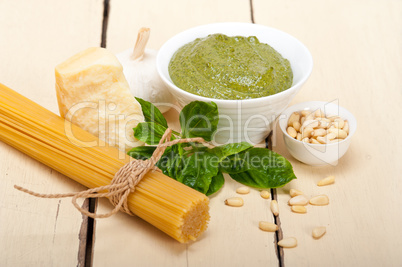 Italian traditional basil pesto pasta ingredients