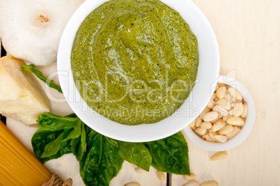 Italian traditional basil pesto pasta ingredients