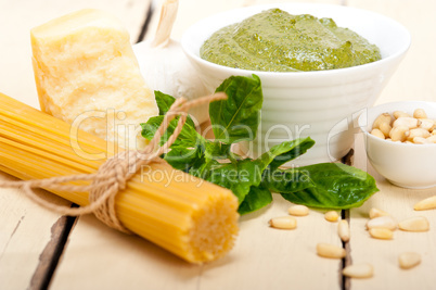 Italian traditional basil pesto pasta ingredients