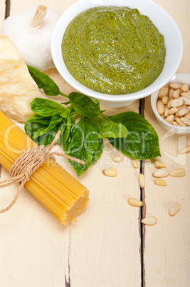 Italian traditional basil pesto pasta ingredients