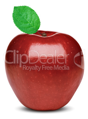 Ripe red apple with a green leaf