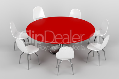 Red round table and white chairs