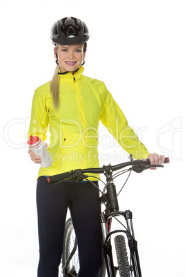 woman with bike drinking water