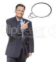 Businessman Pointing to the Blank Thought Bubble on White