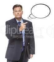 Businessman Pointing to the Blank Thought Bubble on White