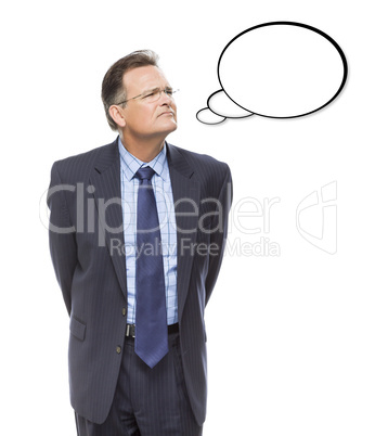 Businessman Looking Up At Blank Thought Bubble on White