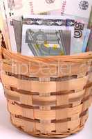 money set in a basket, dollars, euro and ukrainian money