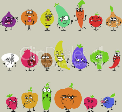 Cartoon Fruits and Vegetables with Facial Expressions Set