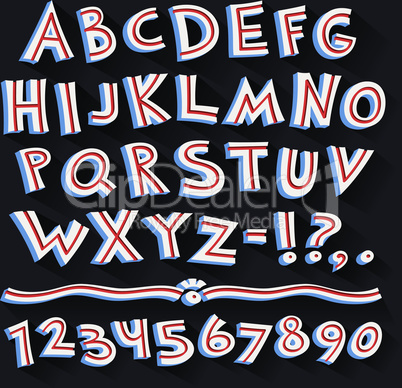 Cartoon Retro 3D Font with Strips on Black Background