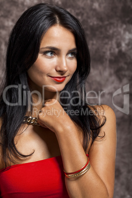 Pretty Woman in Red Looking at Right Frame