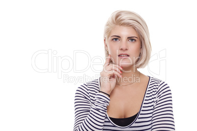 Smiling Pretty Blond Woman in Casual Stripe Shirt