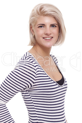 Smiling Pretty Blond Woman in Casual Stripe Shirt
