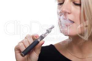 Close up Blond Woman Smoking Using E- Cigarette