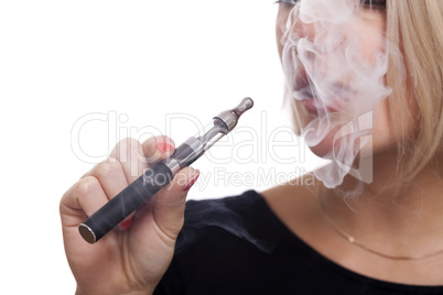 Close up Blond Woman Smoking Using E- Cigarette