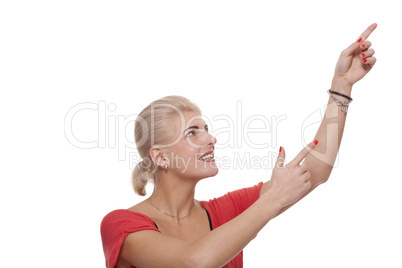 Happy Blond Woman Pointing Up with Both Hands