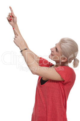 Happy Blond Woman Pointing Up with Both Hands