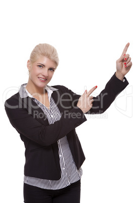 Businesswoman Pointing Up While Looking at Camera