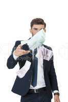 Wealthy successful businessman burning money