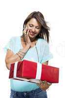 Happy Woman Holding Red Gift Box