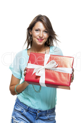 Happy Woman Holding Red Gift Box