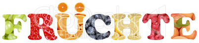Wort Früchte mit Apfel, Orange, Zitrone und Erdbeere Frucht