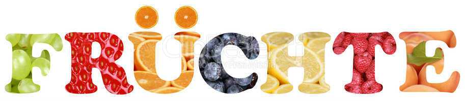 Wort Früchte mit Apfel, Orange, Zitrone und Erdbeere Frucht