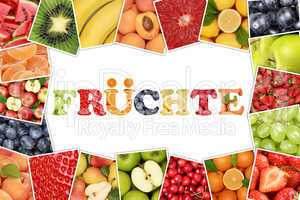 Rahmen mit Wort Früchte und Obst wie Apfel, Orange, Zitrone