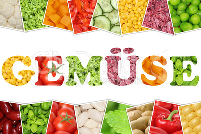 Das Wort Gemüse mit Tomaten, Paprika, Salat, Kartoffeln