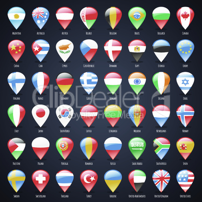 Set of Glass Map Pointers With World States Flags