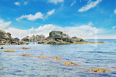 ocean, picturesque beach and blue sky