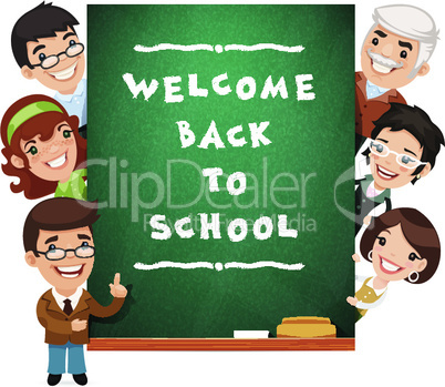Teacher Points to the Blackboard with Welcome Back to School Phrase