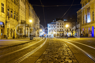 Tram in the Old Town in Lviv, Ukraine.