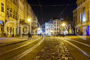 Tram in the Old Town in Lviv, Ukraine.