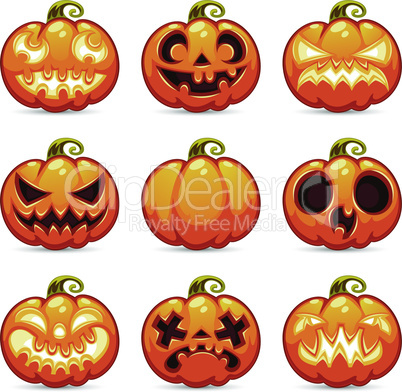 Halloween Cartoon Pumpkins Icons Set