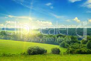 green field and blue sky with light clouds