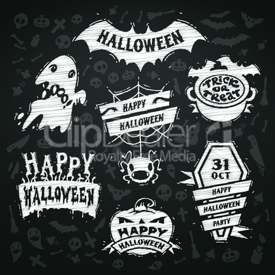 Chalk Vector Halloween Labels on Blackboard Background