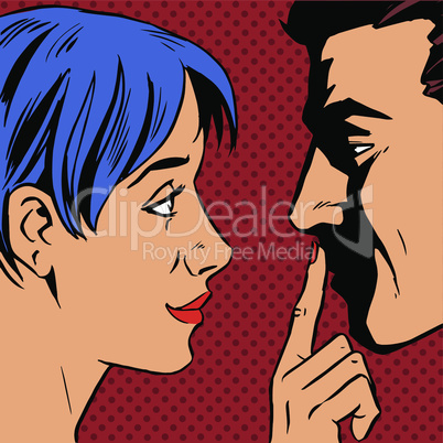 Stop woman invites man to stay put a finger to his lips