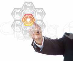 Arm In Blue Suit Pointing At Solar Energy Icon