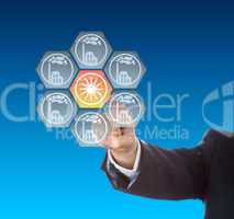 Business Hand Activating Solar Power Icon On Blue